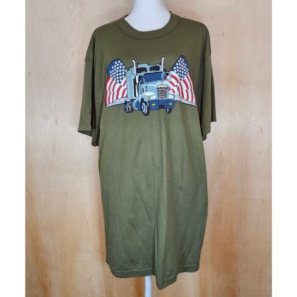 Green Rothco Semi Truck American Flag Graphic Print T-Shirt Made In USA‎ Size L - Picture 1 of 5